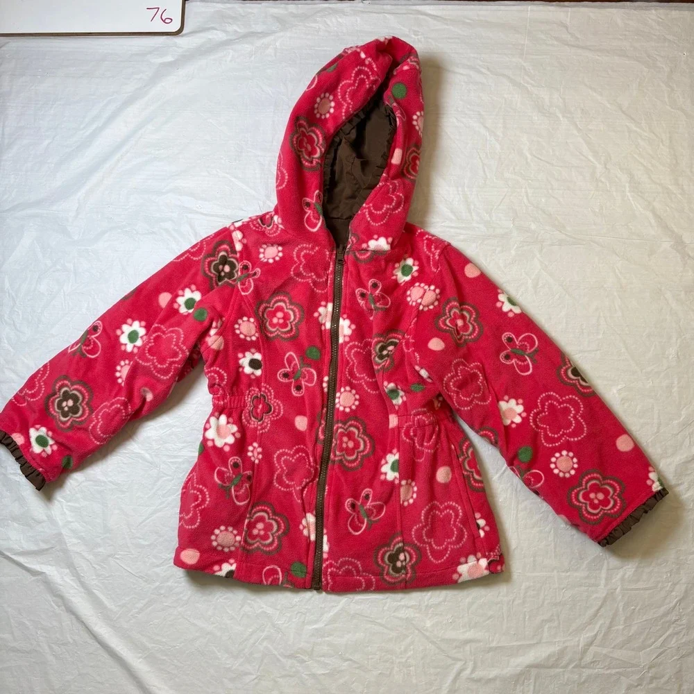 OshKosh B'gosh Girls Reversible Hooded‎ Jacket Brown/Pink Fleece Size 6X